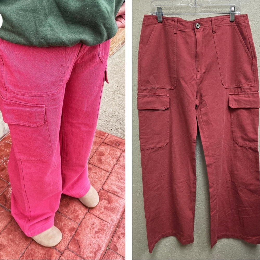 Umgee NWT Pink Cotton Cargo Wide Leg Pants Size Large - Picture 2 of 7